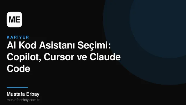 Üç farklı AI kod asistanının (GitHub Copilot, Cursor, Claude Code) logoları ve bir yazılımcının klavye başında çalışırken siluetini gösteren soyut bir görsel.
