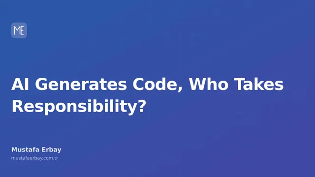 An image questioning who should take responsibility for AI-generated code. Human and robot hands reach for a keyboard.