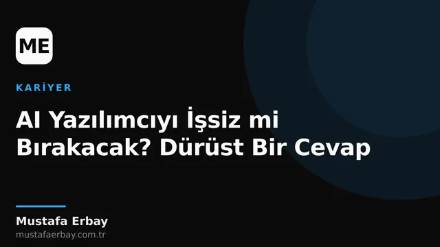 Bir yazılımcı ve arkasında soyut bir AI görseli, gelecek kaygısını yansıtıyor.