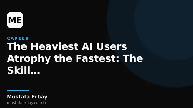 A person examining AI-generated code, watched from behind by a robot hand holding a hammer, symbolizing the danger of skill atrophy.