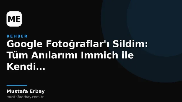 Bir sunucu rack'i ve üzerinde dijital fotoğraf sembolleri, Immich logosuyla çevrili.