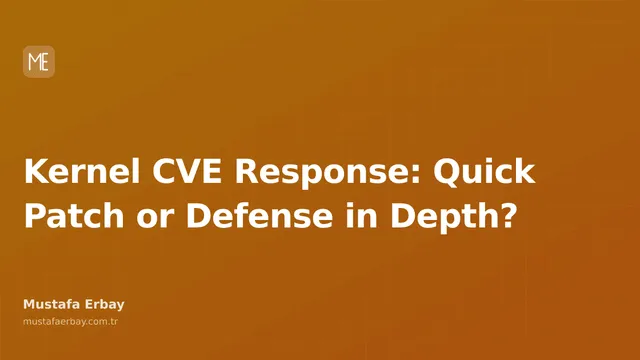 Abstract graphics representing quick patching and defense-in-depth layers against a Kernel CVE, along with a balance term.