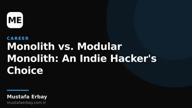 An image of an indie hacker working alone, with architectural diagrams of a monolith and a modular monolith behind them.