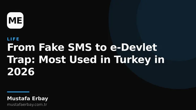 A fake e-Devlet SMS on a smartphone screen with a confused person in the background