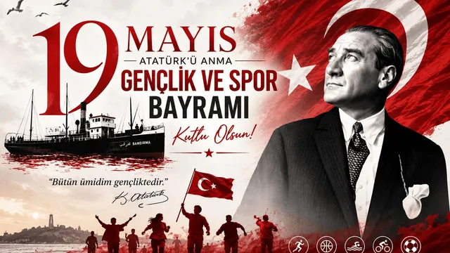 19 May Commemoration of Atatürk, Youth and Sports Day — composition featuring the Bandırma ship, Atatürk portrait, Turkish flag, and running youth