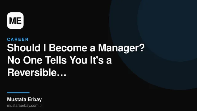 Silhouette of a person at a career crossroads, with code symbols on the left, management symbols on the right, and a rotating arrow in the background.