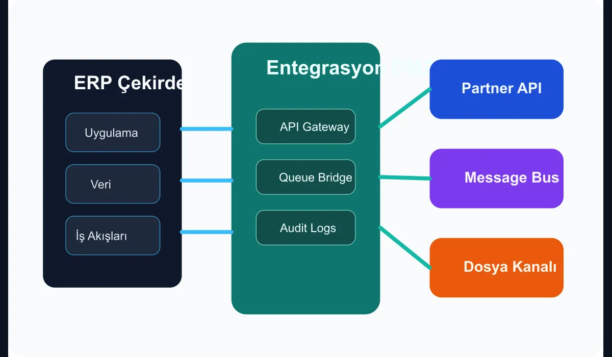 Technical diagram showing the ERP core, integration DMZ layer, and external service flows