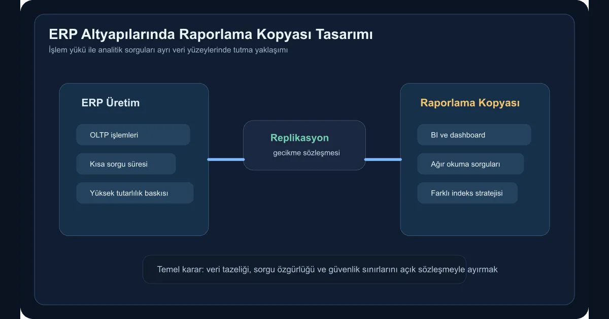 Technical diagram showing the separation between an ERP production database and the reporting replica, plus the data flow between them
