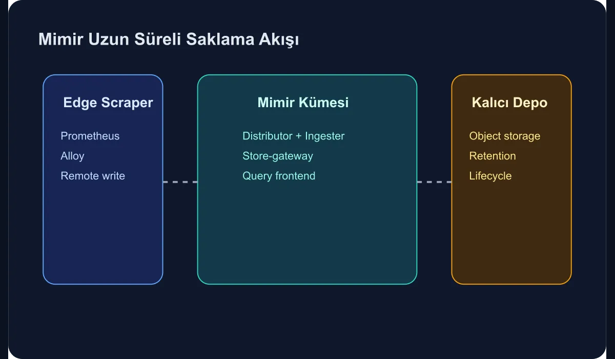 Technical diagram showing the long-term metric retention flow with Grafana Mimir