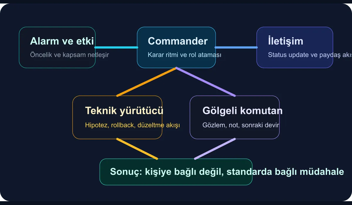 Technical diagram showing incident command rotation, roles, and the decision flow
