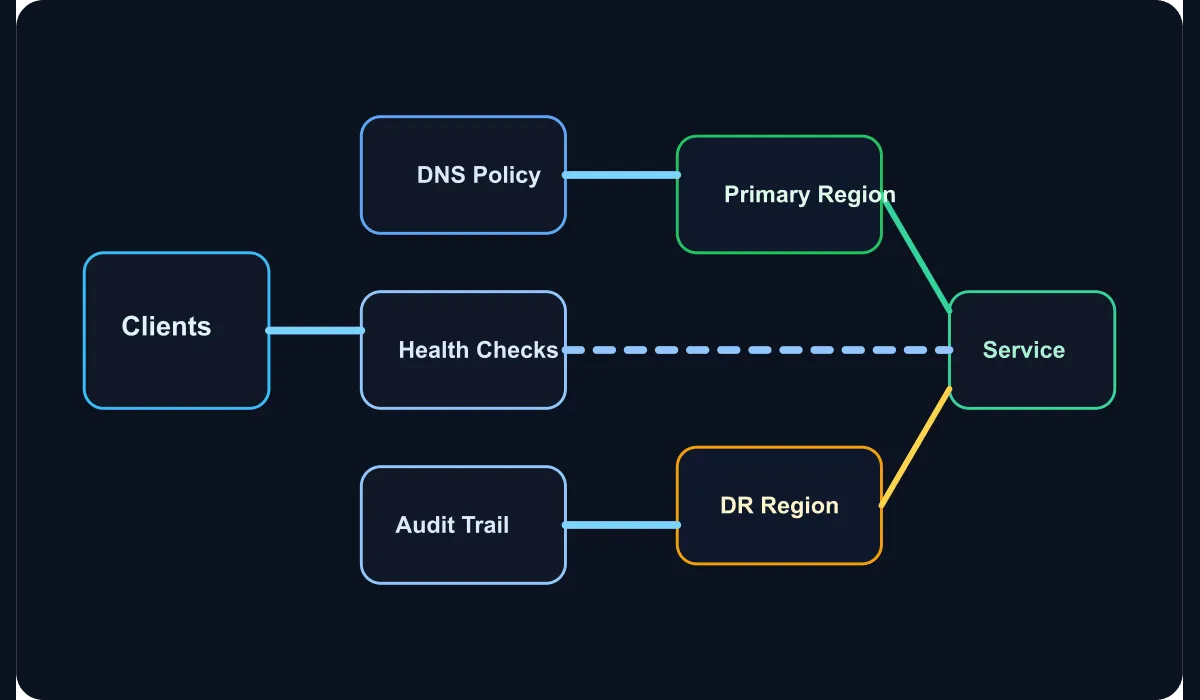 Technical diagram showing DNS-based service routing and health check layers