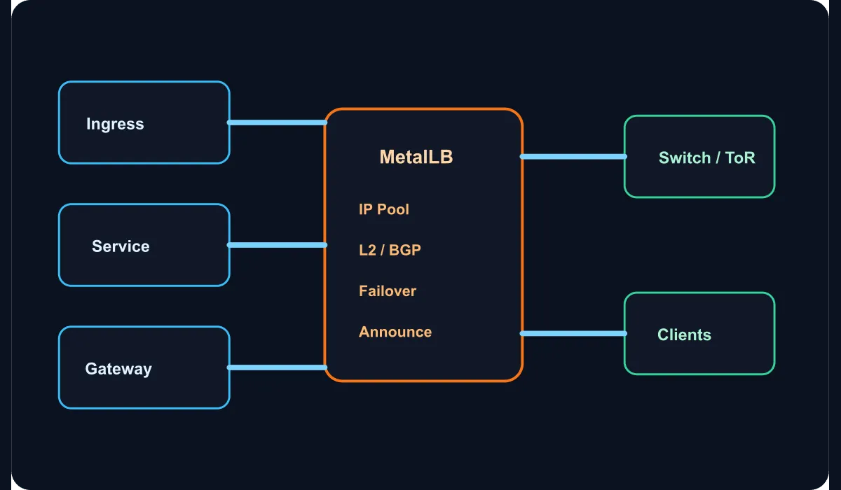 Technical schema showing the service publishing flow with MetalLB on a bare metal Kubernetes cluster