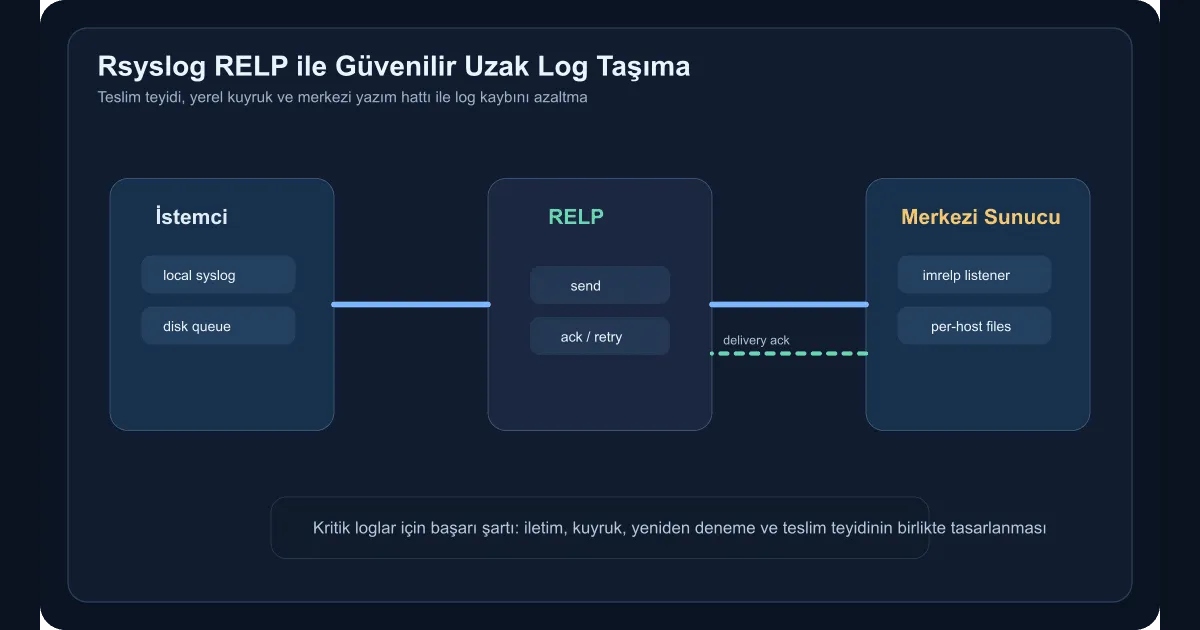 Technical diagram showing the reliable transport flow between an rsyslog client, a RELP queue, and the central log server