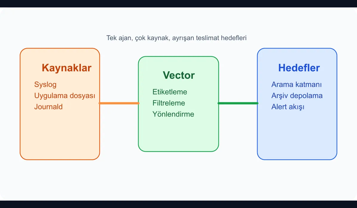 Technical diagram showing how application, syslog, and infrastructure logs converge into a single pipeline with Vector