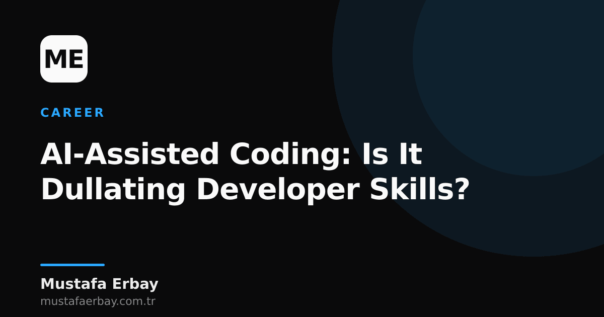 An AI icon glowing behind a developer writing code, addressing the theme of skill erosion or empowerment.