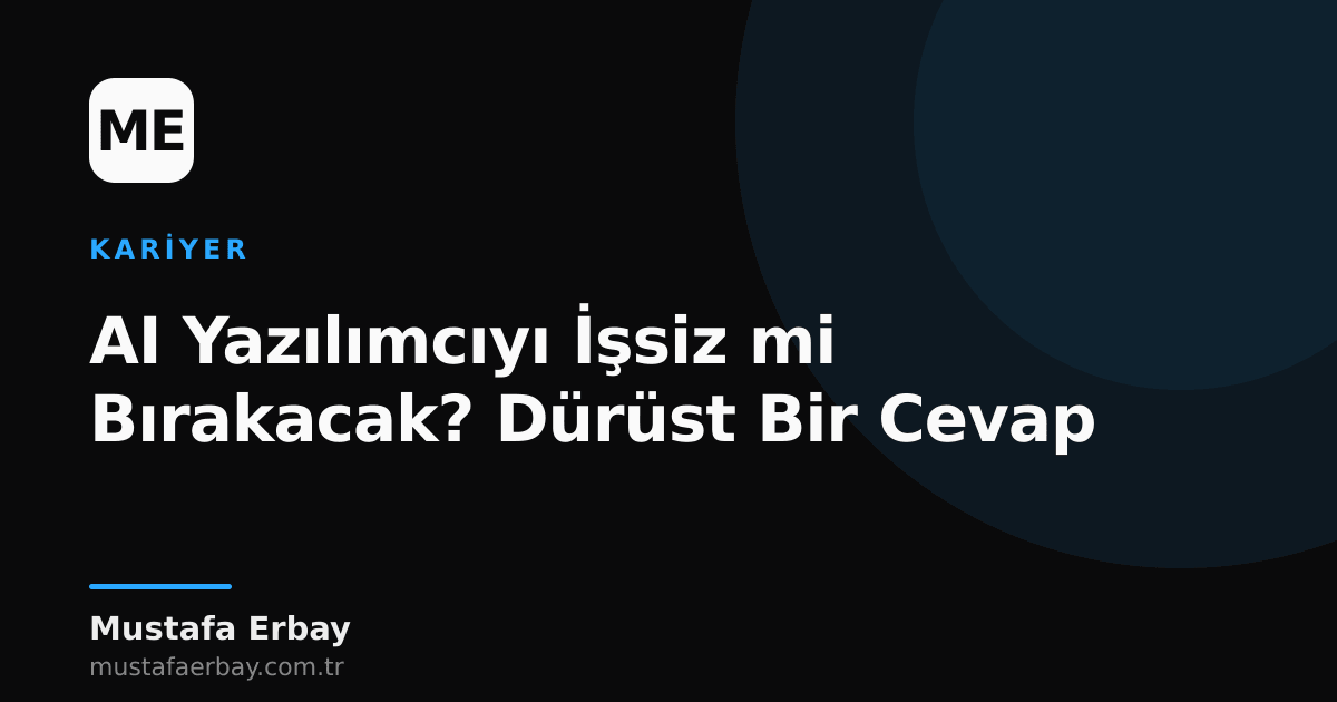 Bir yazılımcı ve arkasında soyut bir AI görseli, gelecek kaygısını yansıtıyor.