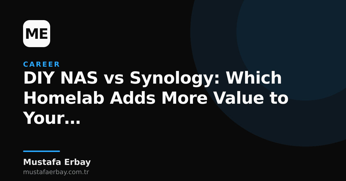 On one side, a Synology NAS device, and on the other, server parts and electronic components used for a DIY NAS. A concept comparing the value of the two systems for career development.