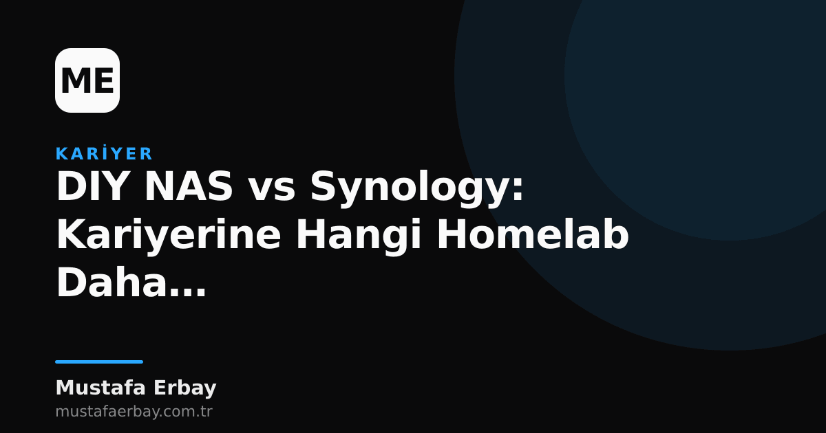 Bir tarafta Synology NAS cihazı, diğer tarafta ise DIY NAS için kullanılan sunucu parçaları ve elektronik bileşenler yer alıyor. İki sistemin kariyer gelişimi açısından değerini karşılaştıran bir konsept.