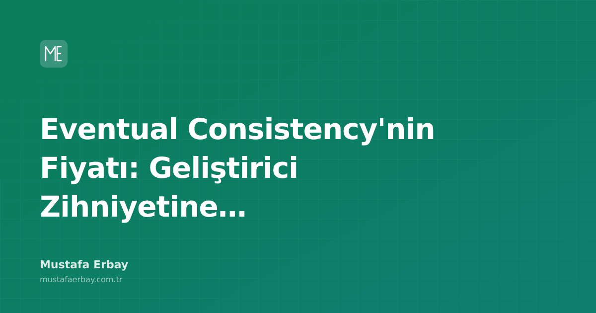 Bir geliştiricinin koduyla mücadele ederken arkasında karmaşık eventual consistency diyagramları ve veritabanı ikonları olan bir görsel.