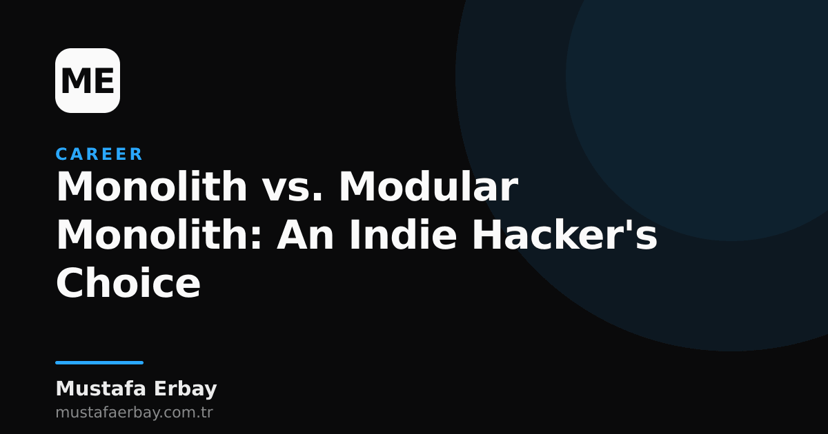 An image of an indie hacker working alone, with architectural diagrams of a monolith and a modular monolith behind them.