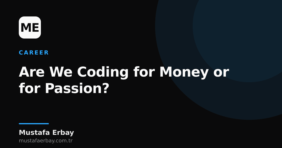 A developer sitting at a keyboard, deep in thought, faced with two paths representing a choice between money and passion.