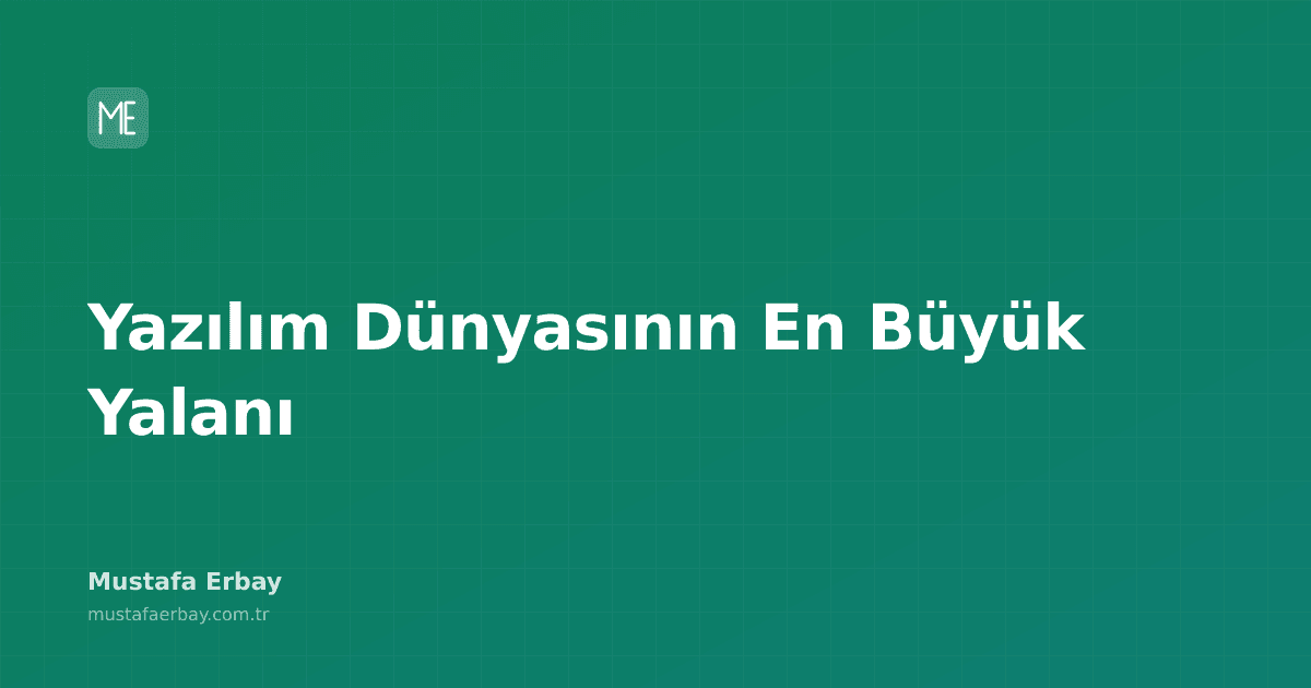 Yazılım dünyasının en büyük yalanını sorgulayan, parlak bir ampul ve karmaşık kod satırlarının iç içe geçtiği soyut bir görsel.