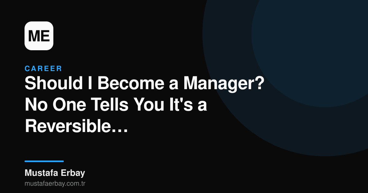 Silhouette of a person at a career crossroads, with code symbols on the left, management symbols on the right, and a rotating arrow in the background.