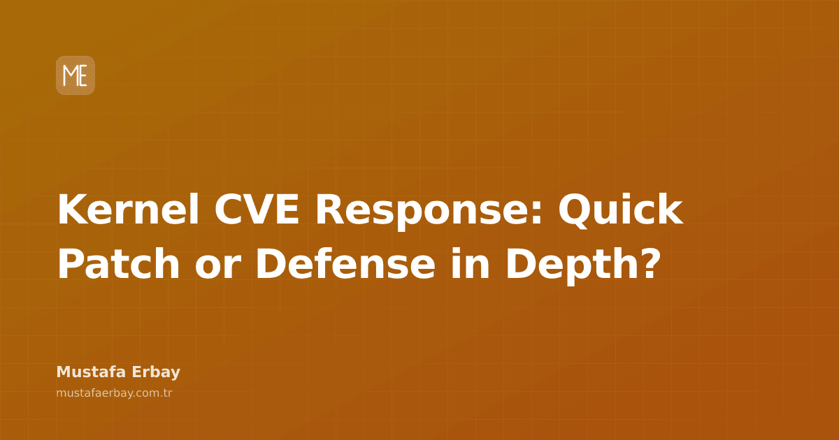 Abstract graphics representing quick patching and defense-in-depth layers against a Kernel CVE, along with a balance term.