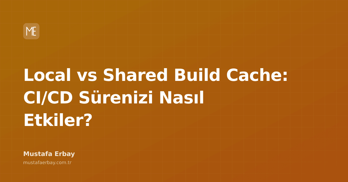 CI/CD pipeline'ını temsil eden oklar ve dişli çarklar ile yerel ve paylaşımlı önbellek simgeleri