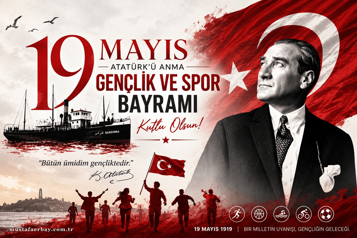 19 Mayıs Atatürk'ü Anma, Gençlik ve Spor Bayramı — Bandırma vapuru, Atatürk portresi, Türk bayrağı ve koşan gençlerden oluşan kompozisyon