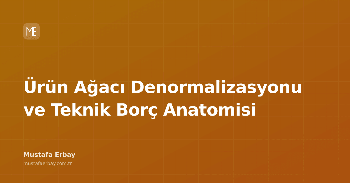 Karmaşık bir ürün ağacını, denormalize edilmiş veri yapılarını ve teknik borcun sembolik görselleştirmesini gösteren bir diyagram.