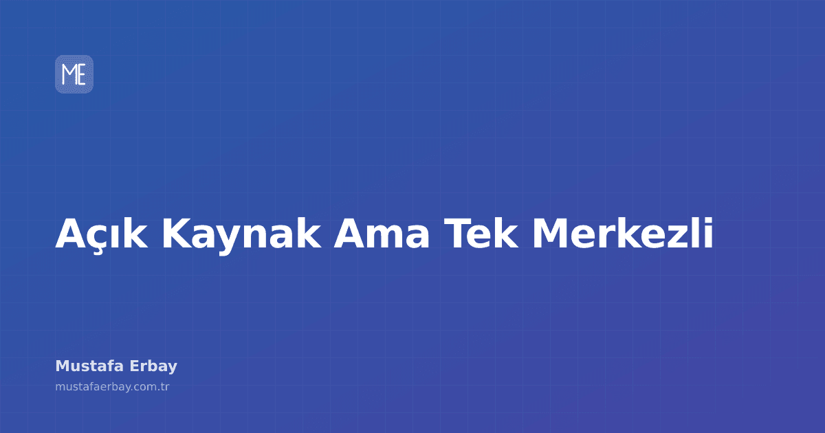 Ortasında tek bir büyük dişli olan, etrafında küçük dişlilerin döndüğü bir mekanizma, açık kaynak topluluğunun tek merkezli kontrolünü simgeliyor.