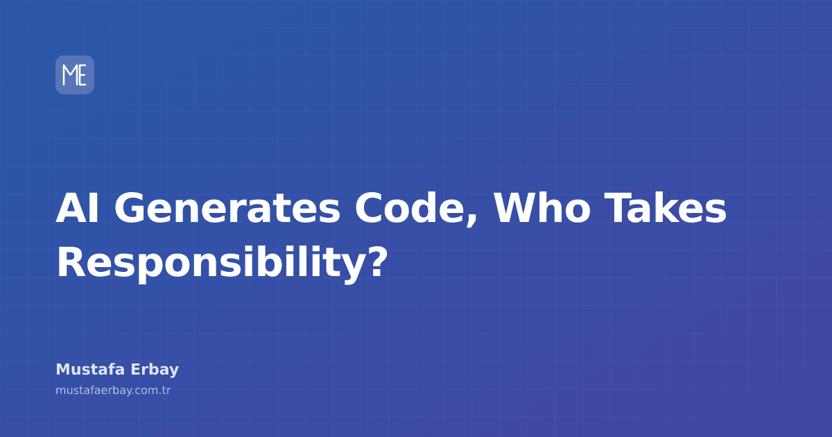 An image questioning who should take responsibility for AI-generated code. Human and robot hands reach for a keyboard.