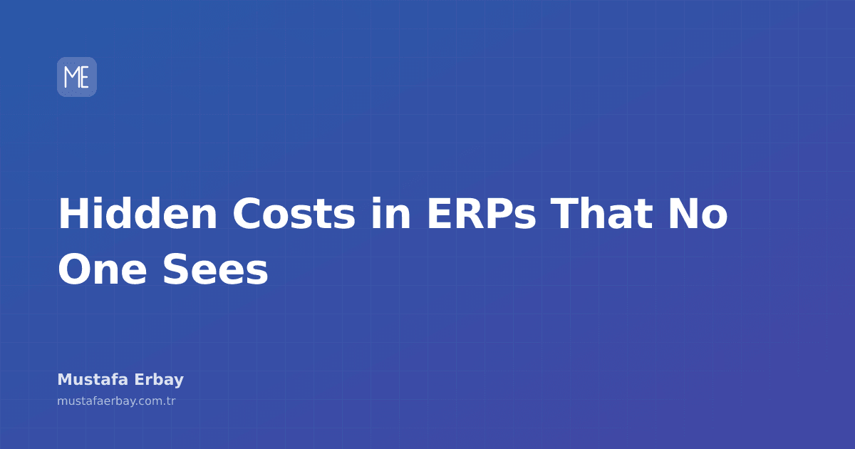 An image depicting the hidden costs of an ERP project resembling an iceberg. The small part above the water represents visible costs, while the large part below the water symbolizes unseen costs.