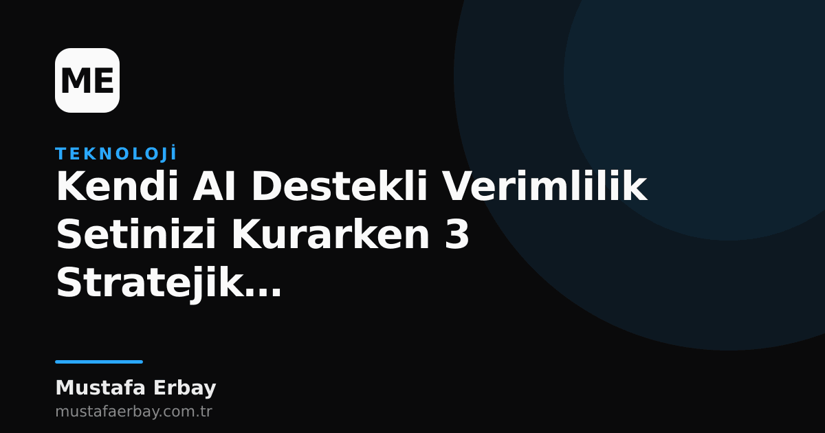 Bir masada duran dizüstü bilgisayar, akıllı telefon ve not defteri etrafında dönen ışıklı yapay zeka ikonu ağı. Verimlilik ve teknoloji temasını yansıtan modern bir tasarım.