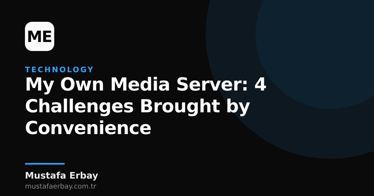 A visual representing a home media server, showing a screen playing media in an environment with server racks and network devices.