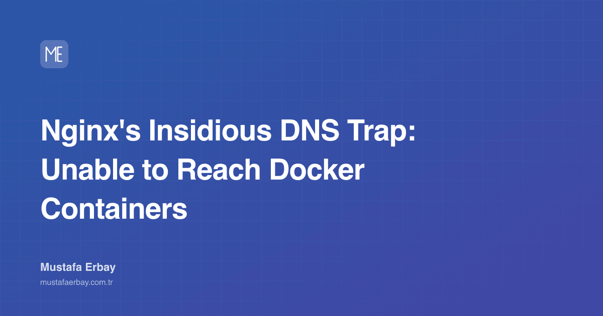 A visual showing the complex connection between the Nginx logo, a DNS server icon, and Docker containers.