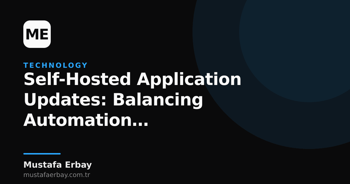 An illustration showing a self-hosted application update process on a server, with gears and a hand gesture symbolizing the balance between automation and manual intervention.