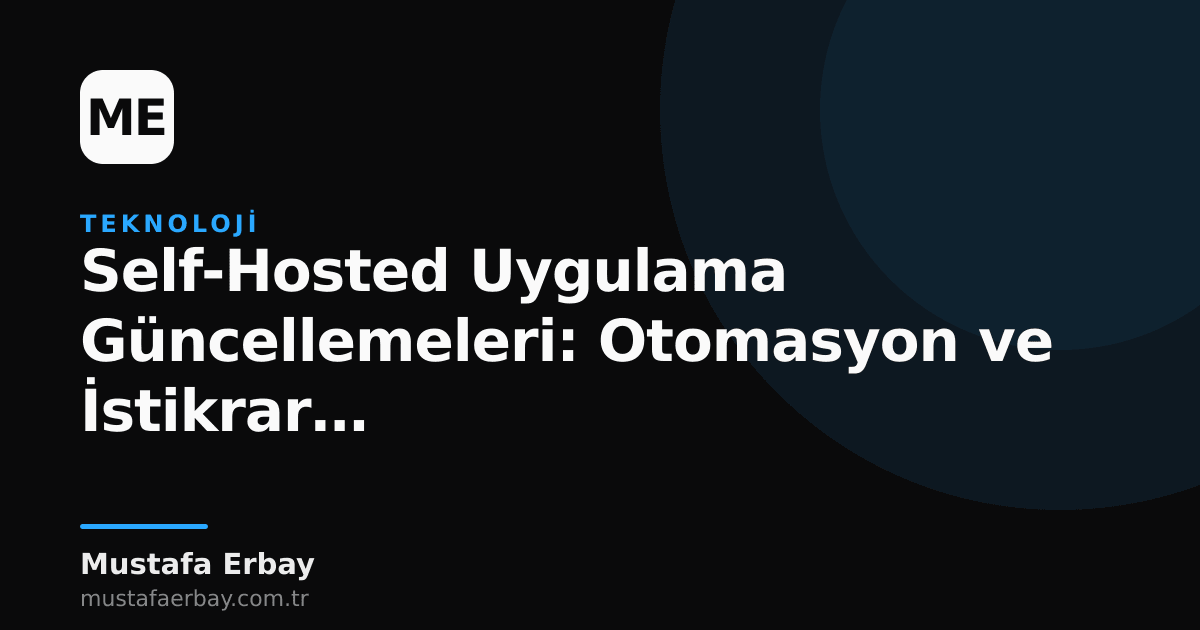 Sunucu üzerinde self-hosted uygulama güncelleme sürecini gösteren bir illüstrasyon, otomasyon ve manuel müdahale dengesini simgeleyen dişliler ve el işaretiyle.