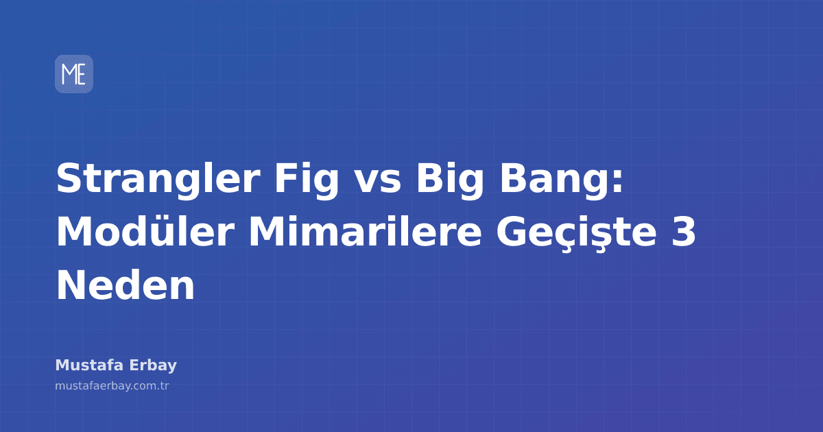 Monolitik sistemden modüler mimariye Strangler Fig yöntemiyle geçişi gösteren soyut teknik çizim