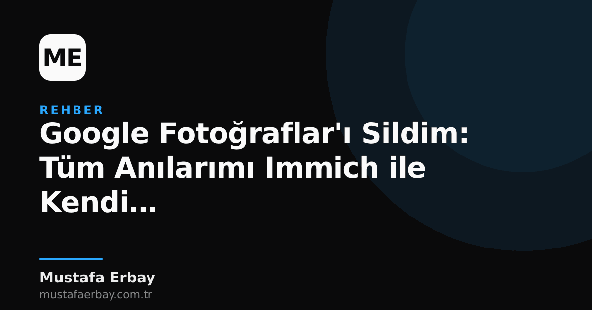 Bir sunucu rack'i ve üzerinde dijital fotoğraf sembolleri, Immich logosuyla çevrili.