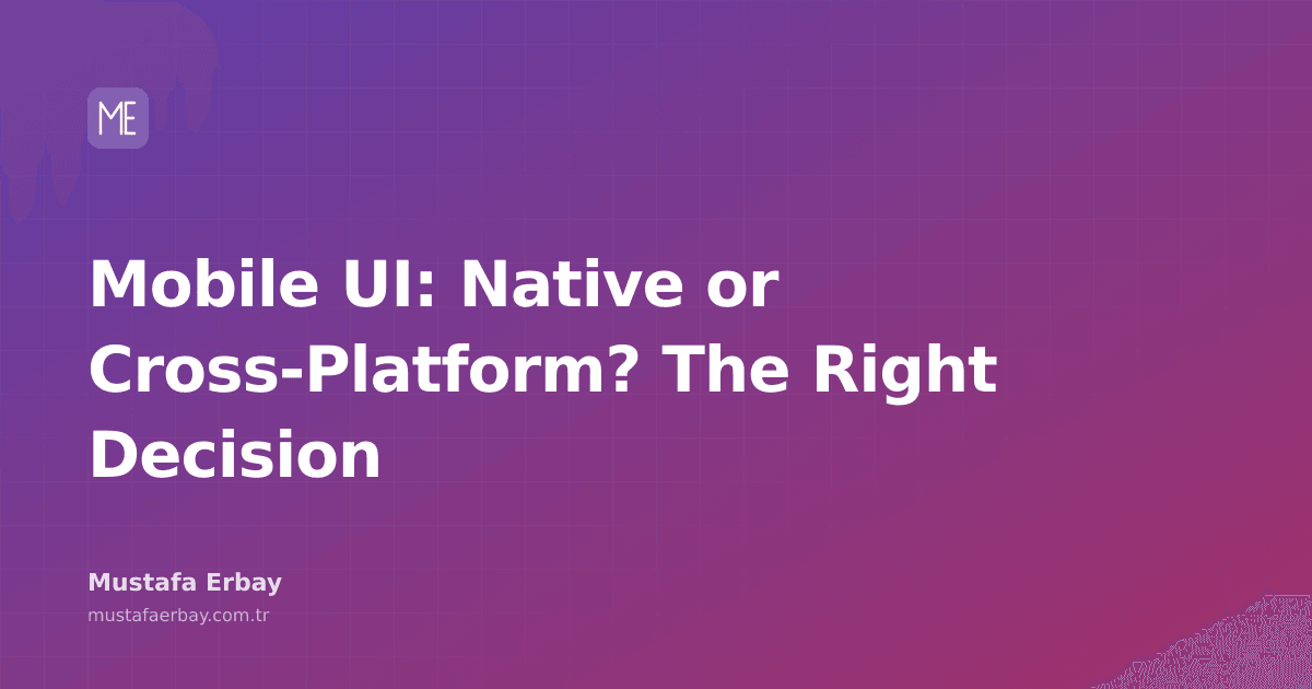 A diagram illustrating mobile app interface options: Native and Cross-Platform icons, a decision tree, and code examples.