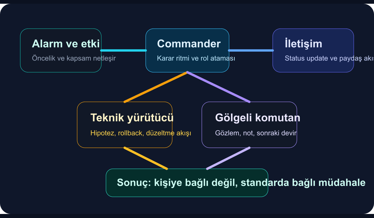 Incident komuta rotasyonu, roller ve karar akışını gösteren teknik şema