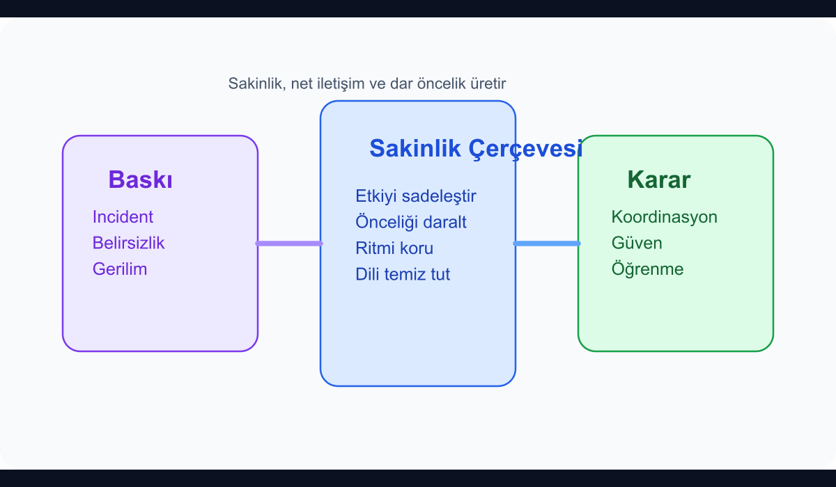Yüksek baskı altında karar veren teknik liderin operasyonel sakinlik çerçevesini gösteren teknik şema