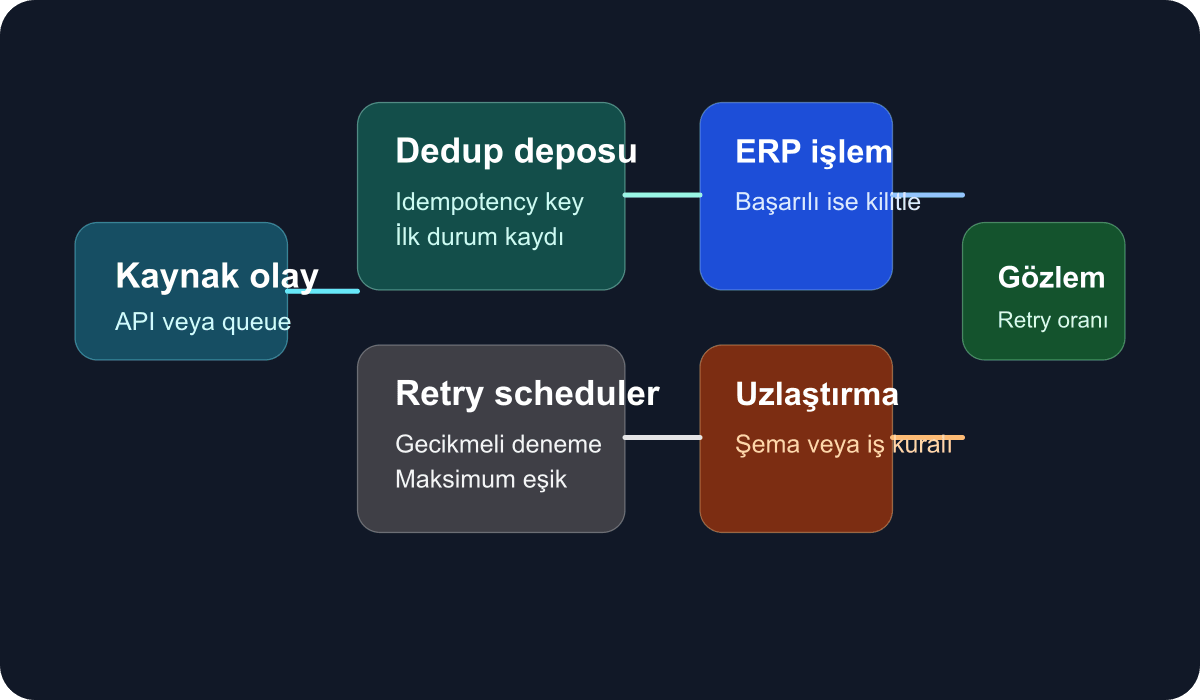 ERP entegrasyonlarında retry koridoru ve idempotent işleme akışını gösteren teknik şema