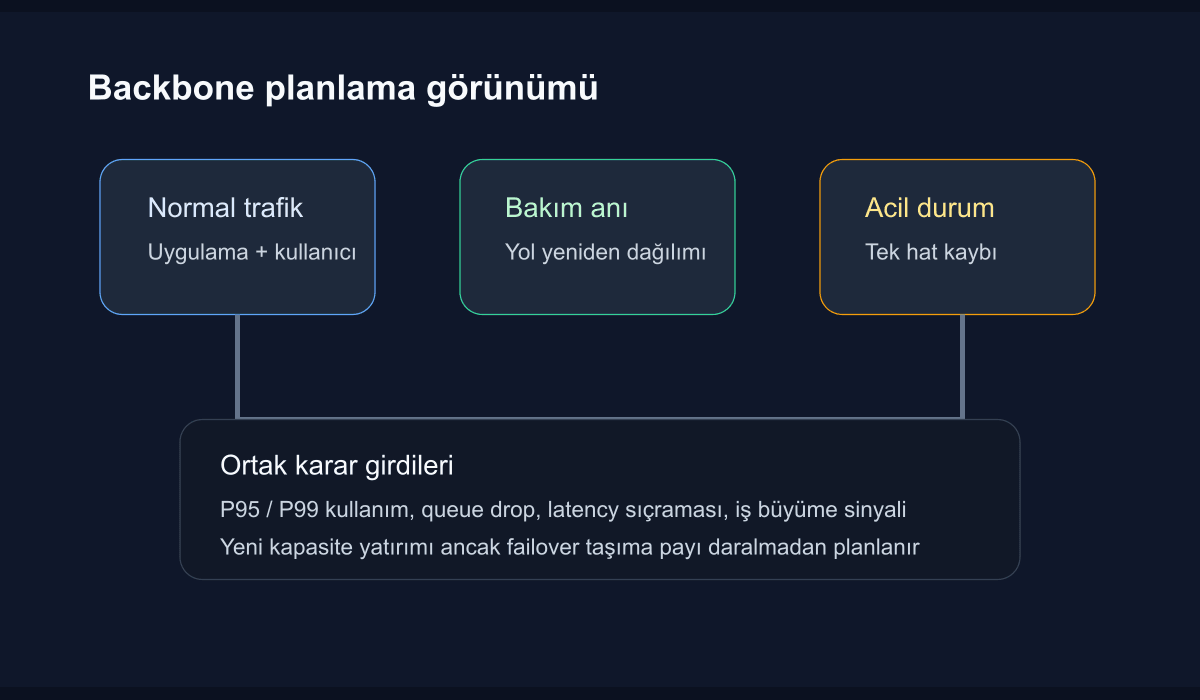 Backbone bağlantıları, kapasite eşikleri ve trafik katmanlarını gösteren teknik şema