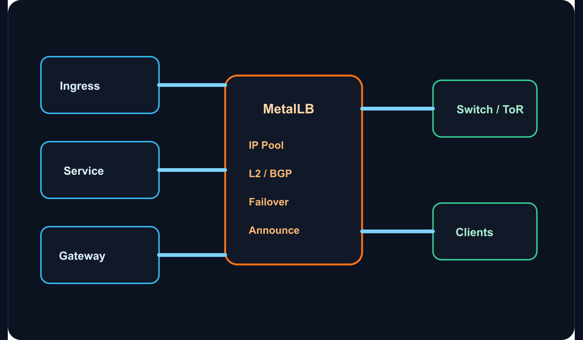 Bare metal Kubernetes kümesinde MetalLB ile servis yayınlama akışını gösteren teknik şema