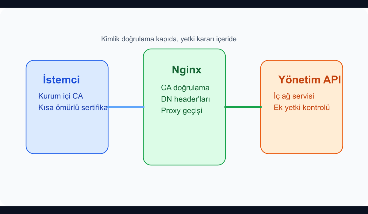 Nginx önünde istemci sertifikası doğrulamasıyla korunan yönetim API akışını gösteren teknik şema